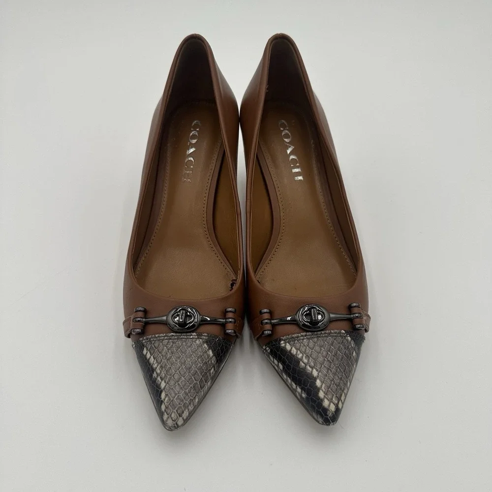 Coach Lauri Leather Pumps 7.5B Caramel Tan Snake Cap Toe Turnlock Accents - Picture 3 of 15